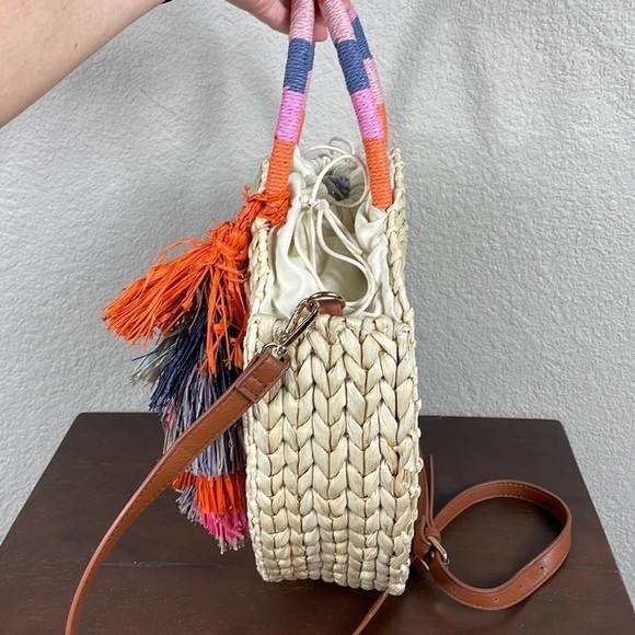 Nordstrom Joni Circular Raffia Straw Woven Bag Beach Boho Summer Tassel - Picture 9 of 15